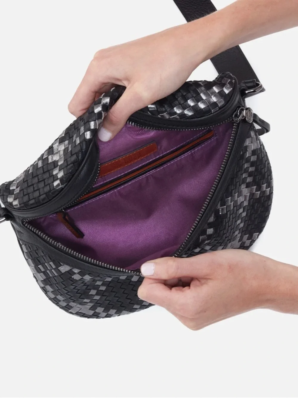 NEW HOBO Juno Belt Bag Woven Leather Black Metallic Woven